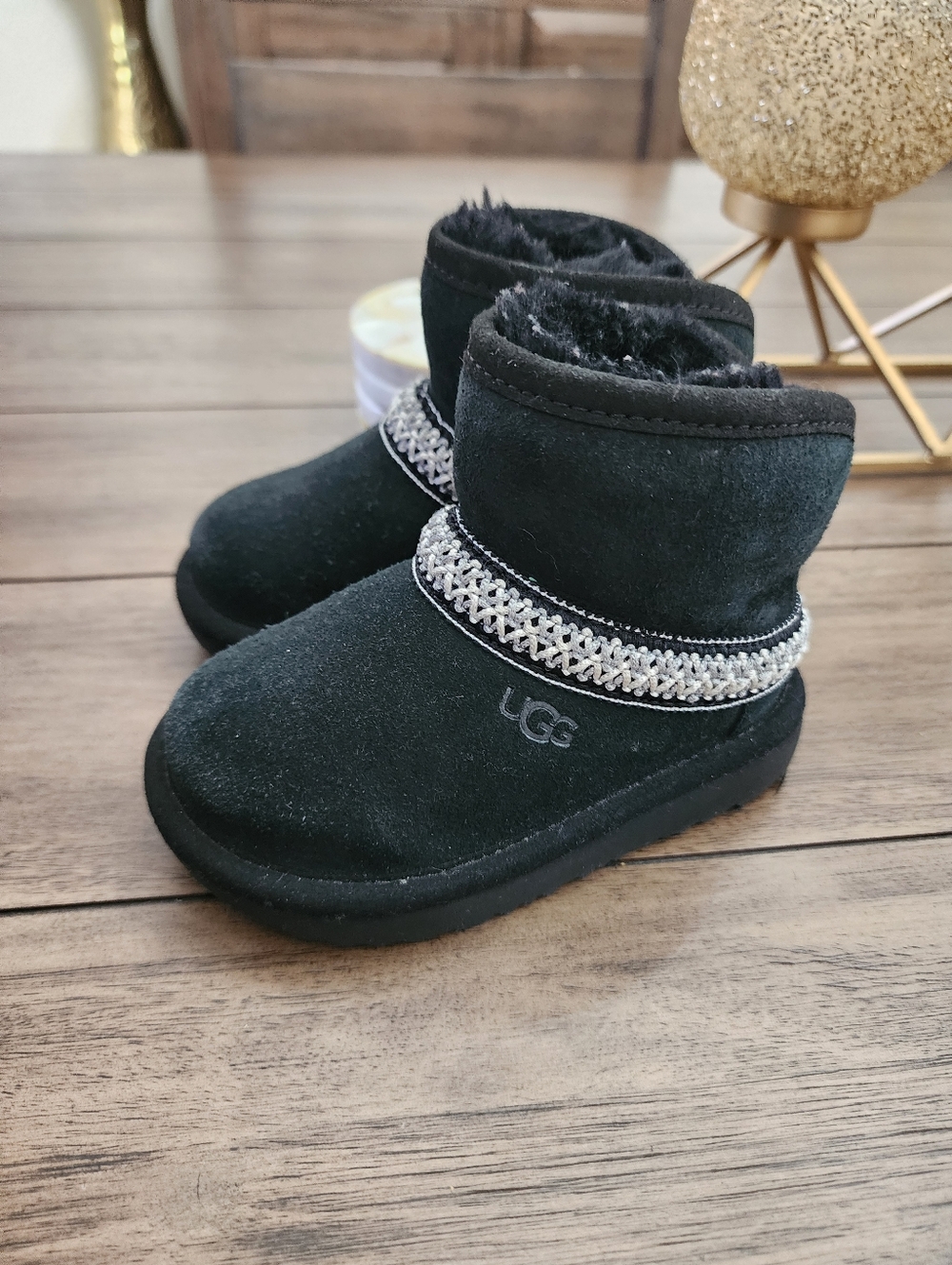 UGG Kids Black Suede Shearling Trim Boots Size 6T